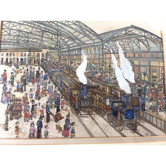 Watercolor Pen&Ink Painting Brighton Train Station During Turn of 20th Century - Picture 4 of 11
